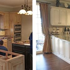View this Before and After Mount Juliet customer’s kitchen cabinet transformation adding a warm modern Tuscan glaze look and switch plate artistry